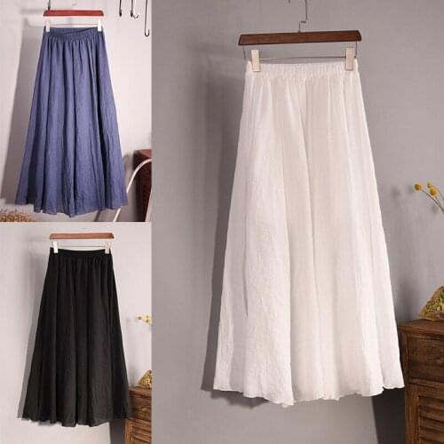 Mori Girl Cotton Linen Maxi Skirt Women Spring Summer Elastic Waist Vintage Solid Pleated Long Skirts Boho Beach Skirt Solid