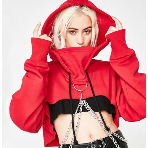 S-2XL Women Hoodie Sexy Gothic Punk Chain Crop Top Hooded Jumper Pullover Sweatshirt Cosplay Casual Tops Plus Size For Female