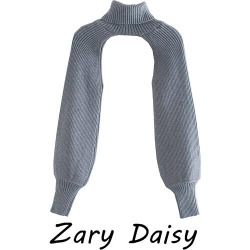 ZARY DAISY simple fashion solid color knitted high collar cuff personality casual short bubble long sleeve blouse outside