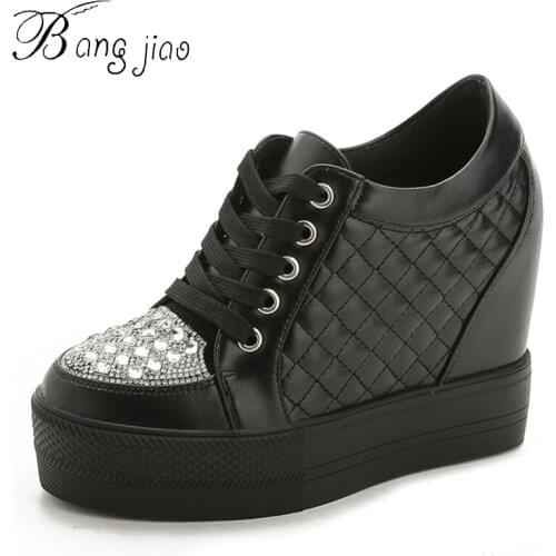 BANGJIAO 2018 thick sole Spring Autumn Women wedge shoes breathable platform pumps with wedges heel white black female pumps