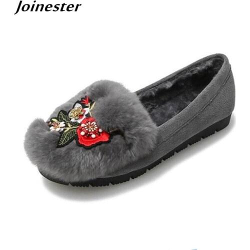 Womens Suede Faux Fur Flat Shoes Ladies Indoor Outdoor Slip on Loafers Floral Ethnic Warm Flats Woman Fur Lined Moccasins