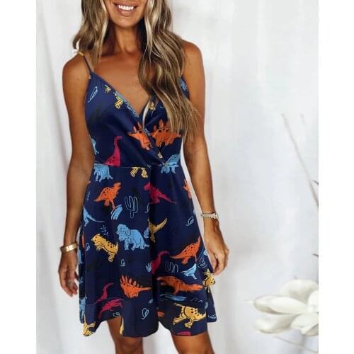 WomenS Beach Dress Hawaii Dinosaur Printed V-Neck Sleeveless Casual Dress Straps Backless Dresses Light Beach Summer Dress