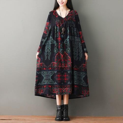 Vintage Large Size Dress Women 2020 Spring Autumn New V Collar Long Dress Loose temperament Print Dress Female платья женские