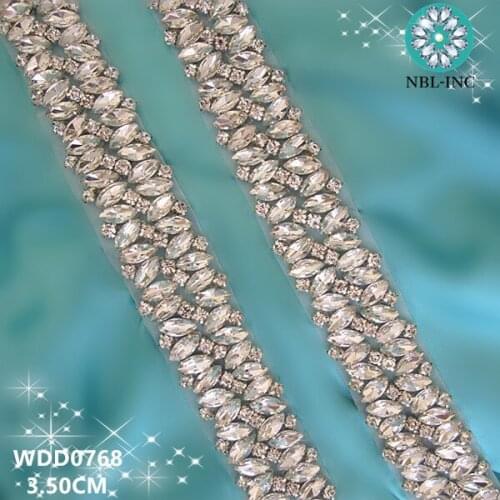 10 YARDS)Wholesale iron on silver bridal beaded crystal rhinestone applique trim for wedding dress sash belt WDD0768