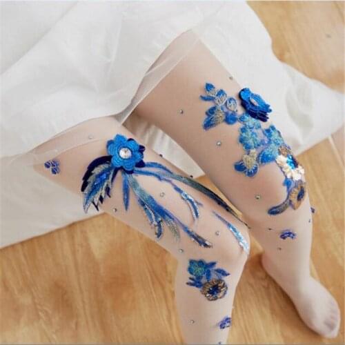 2018 sexy women Pantyhose Hand-made Blue Flower Embroidery Sequins Fishnet Tights summer Club Stockings girl Anti-hook tights US