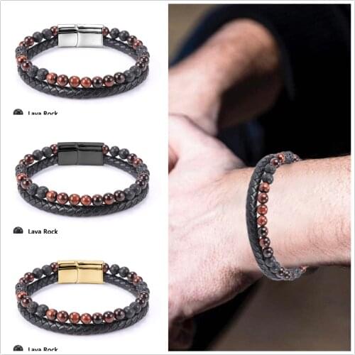 6MM Natural Stone Men Bracelet Black Genuine Leather Magnetic Buckle Bangle 18.5/20.5/22cm Male Jewelry Christmas Gifts