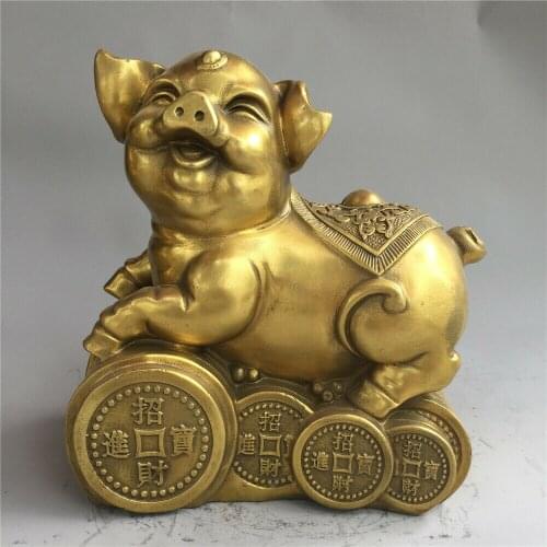 7" Chinese old antique bronze brass auspicious Zodiac pig copper coin statue