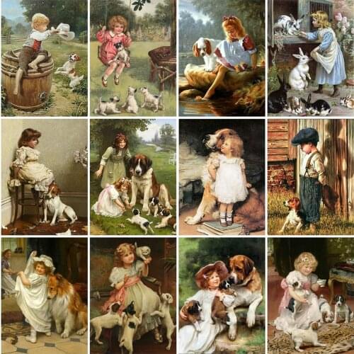 ZOOYA 5D Diamond Embroidery Pastoral Kids Dog Art Painting Children Photo Full Drill Mosaic Cross Stitch Rhinestones Picture