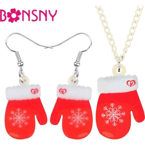 Bonsny Acrylic Christmas Snowflake Gloves Jewelry Sets Necklace Earrings Festival Decorations Jewelry For Women Girls Teens Gift