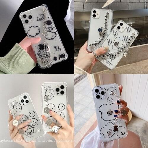 Transparent TPU Soft Cute Cartoon Phone Case for iPhone 12 Pro Max 11 X XS XR 7 8 Plus 6 6S 5 5S SE 2020 With Same Bracelet Capa