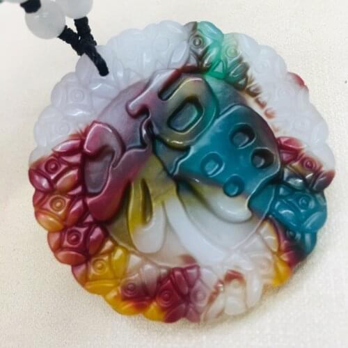 Pure natural colorful jade hand-carved colorful round blessing pendant with three-color bead necklace men and women sweater chai