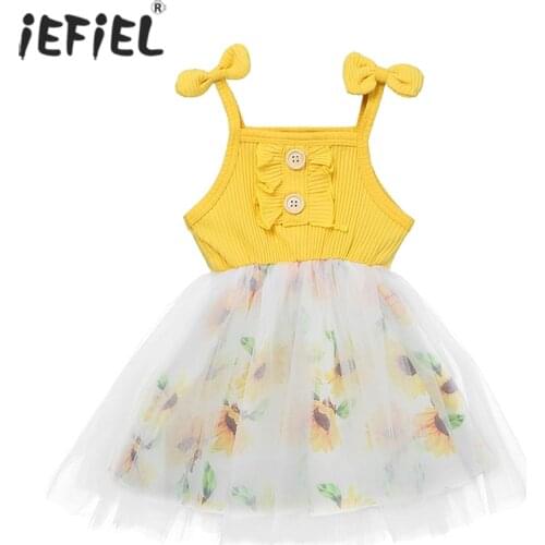 Toddler Baby Girl Dress Sleeveless Bowknot Spaghetti Strap Sunflower Dress Mesh Tutu Dress Summer Princess Beachwear Outfits