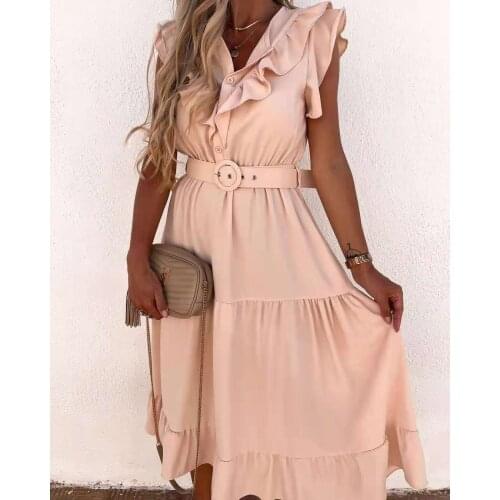 Elegant Party Sundress Women Elegant V Neck Ruffle Sleeveless Dress Summer Lace Belt Long Dresses