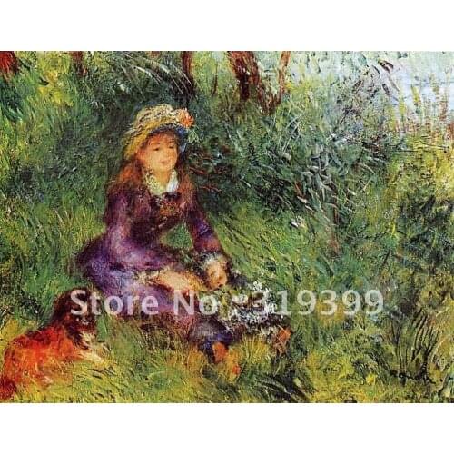 Oil Painting Reproduction on linen canvas,madame renoir with a dog by Pierre Auguste Renoir,Free Fedex Shipping,handmade