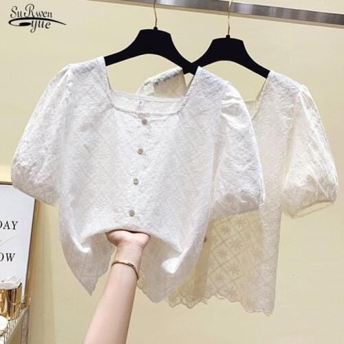 Square Collar Puff Sleeve Tops For Women 2021 New Cotton Linen Embroidery Woman Blouses Koeran Summer Shirt Women Blusas 15224