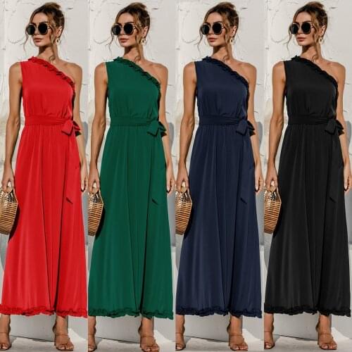 Summer 2021 Womens Dresses Fashion New Sexy Slant Shoulder Solid Color Black Ruffle High Waist Bandage Dress A-line Slim Female