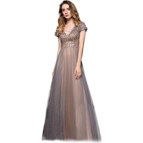 Milomi.CP Champagne Grey Lace V-Neck Short Sleeve Ball Gown Robe de soiree Evening dresses long Abendkleider Formal dress 60386
