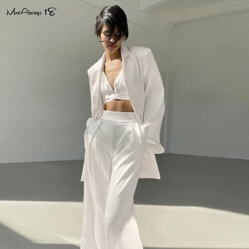 Mnealways18 Elegant High Waist Satin Pants Women Solid Pleated Elastic Waist Trousers Female Summer Wide Leg Pants Ladies Office