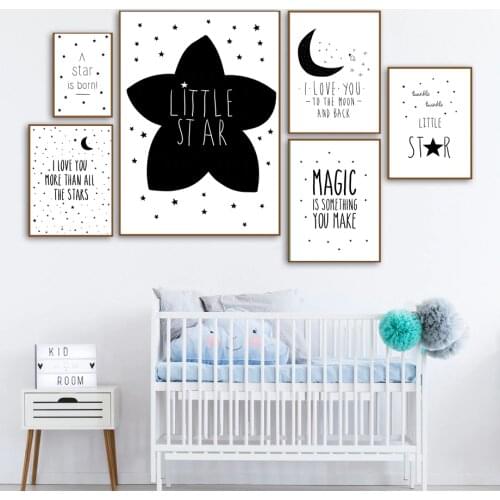 Cartoon Star Moon Magic Quotes Wall Art Canvas Painting Nordic Posters And Prints Black White Wall Pictures Baby Kids Room Decor