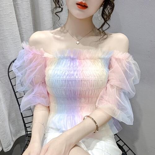 2021 summer new age-reducing design sense niche net yarn short slim puff sleeve one-shoulder top womens clothing