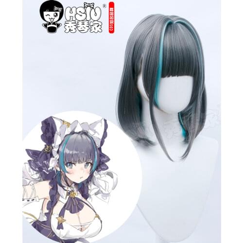 HSIU Game Azur Lane cosplay HMS Cheshire Wig Dark gray mixed lake blue short hair Cheshire Cosplay+Free gift brand wig cap