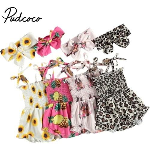 Infant Baby Girl’s Lace-Up Suspender Easter Romper Fresh Printing Pleated Ruffles Jumpsuits and Headband