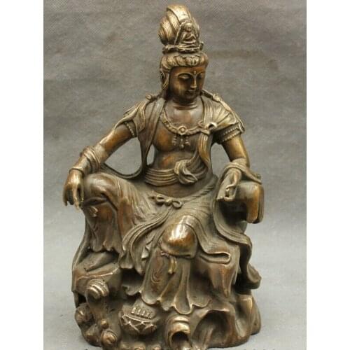 Song voge gem S3047 9" Folk Chinese Bronze Copper Lotus Kwan-Yin Guan Yin Goddess Statue Sculpture