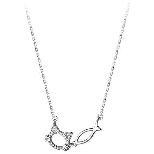 Authentic 100% REAL. 925 Sterling Silver FINE Jewelry CZ Kitten Cat Fish Pendant Necklace C-D8211