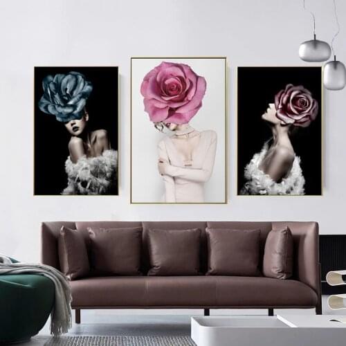Modern Pink Blue Flower Fashion Sexy Girl Poster Canvas Printing Art Painting Home Living Room Wall Decoration Picture