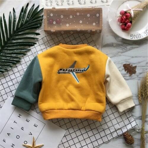 Tonytaobaby Autumn and Winter New Style Baby Boys' Aircraft Embroidered Color Matching Top with Velvet Boys Clothes