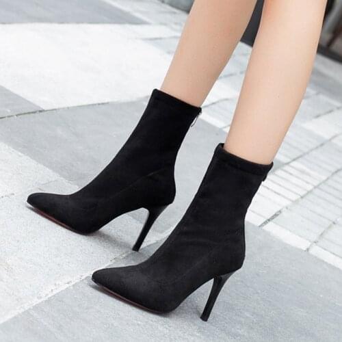 Women Ankle Boots High Heels Short Plush Zip Female Pump Pointed Toe Suede Knitted Thin Heel Fashion Ladies Autumn Shoe 2021 New