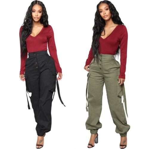 Women Solid Loose Cargo Pants Pocket High Waist Button Casual Long Pant Female Fashion Street Trouser