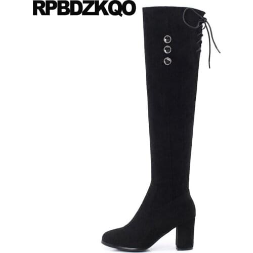 Ladies Knee High Fur Heel Suede Black Women Boots Winter 2021 Shoes Fall Zipper Fashion Long Block Chunky Autumn Round Toe Tall