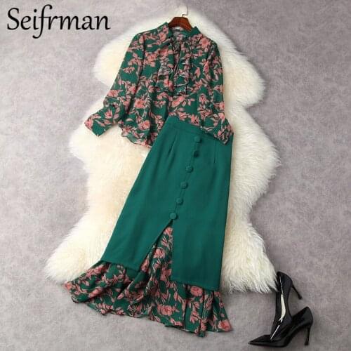 Seifrmann New 2021 Summer Women Fashion Designer Skirt Set Lantern Sleeve Chiffon Blouses + High Waist Printed A-Line Skirts