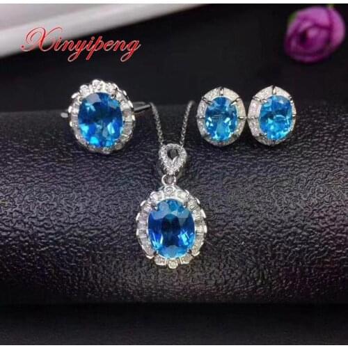 Xin yi peng 925 silver inlaid natural blue topaz stone Necklace pendant earrings ring jewelry set women elegant and generous