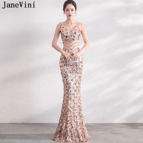 JaneVini 2018 Sparkly Rose Gold Sequins Long Bridesmaid Dresses Sexy Deep V Neck Backless Mermaid Floor Length Formal Prom Gowns