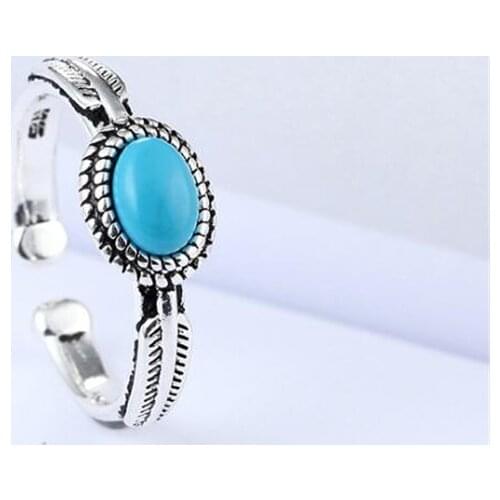 Art Totem Blue Turquoise Carved Hollow Feather 925 Sterling Silver Open Rings For Women Female Jewelry Anillos Mujer SR289