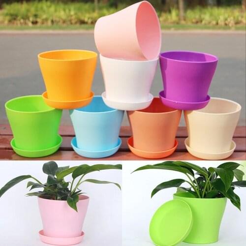 1Pc Flower Pot Colorful Durable Resin Plant Flower Pot Gloss Planter Home Garden Decoration with a Saucer Tray Drainage Holes