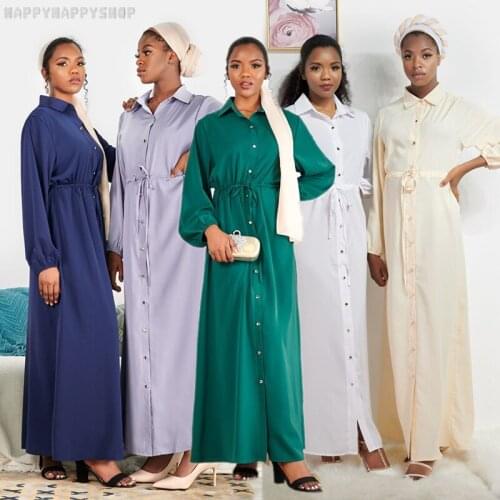 2020 New Women Islamic Muslim Casual Button Shirt Dress Drawstring Tunic Robe Turkish Kaftan Dubai Party Abaya Pure Color Gown