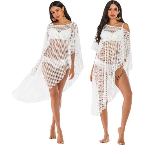 2021 Knitted Beach Dress WhiteMesh Beach Cover up Crochet Tunic Beach Pareo Beach Praia Cover Salida de Playa Beachwear Cover up
