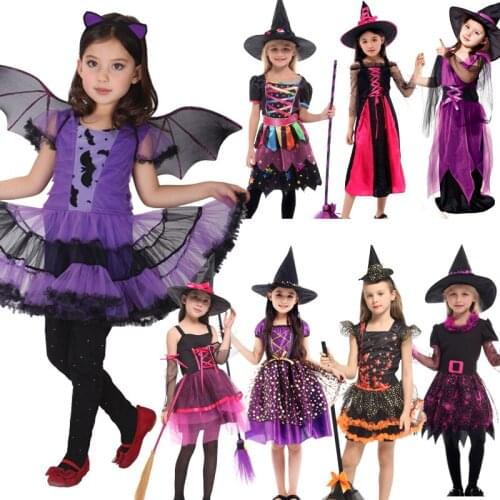 Halloween Costume Kids Baby Girls Children Vampire Witch With Broom Costume Cosplay Carnival Party Princess Fancy Dress Up