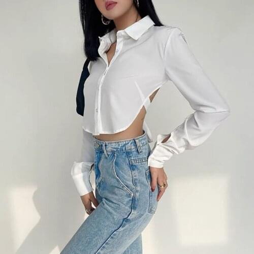 Summer Clothes Sexy Shirts For Women 2021 White Y2k Ladies Blouses Chiffon Hollow Out Long Sleeve Backless Crop Top Shirt