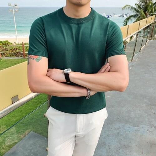 2021 Summer Mens T-shirts Luxury Round Collar Short Sleeve Knitted Casual Male T-shirts Fashion Solid Slim Fit Man T-shirts B1