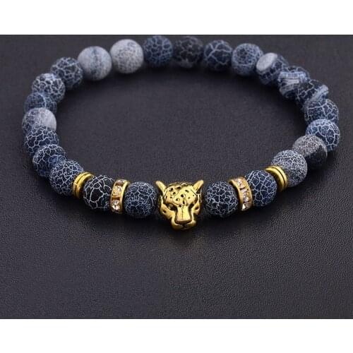 Classic Weathering Stone Leopard Head Beaded Bracelet For Men New Fashion Natural Stone Tiger Eye Charm Bracelet