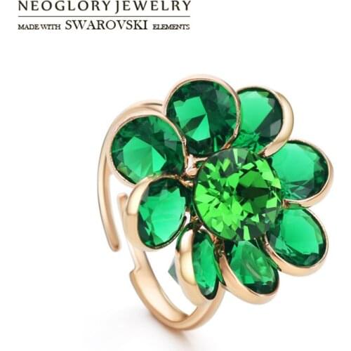 Neoglory Austria Rhinestone & Zircon Adjustable Ring Green Flower Style Exquisite Rose Gold Color For Lady Party Sale Gift