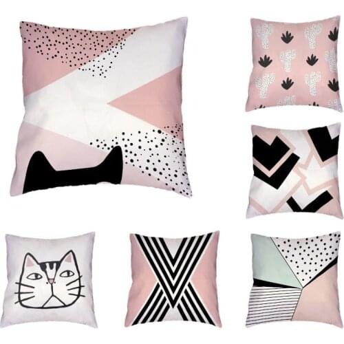 New Simple Black Triangular Geometry White Cushion Cover Cat Face Pillowcase Smile More Cross Home Decorative Throw Pillows