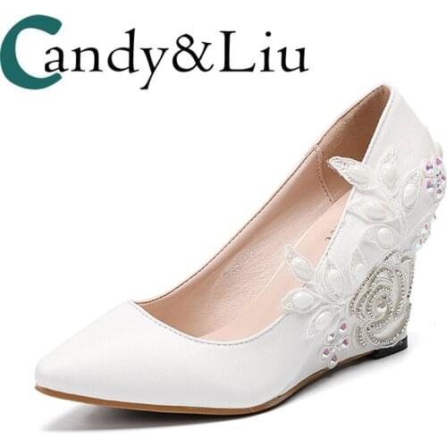 New Womens High Heel Wedges 8CM Flash Diamond Lace Wedding Shoes European American Simple Shallow Shoes
