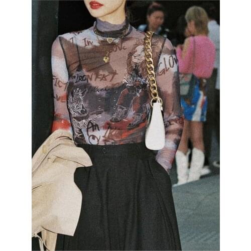 Retro Sexy Perspective Net Gauze Letter Print high neck Bottoming Long-Sleeved one-piece Tops Women body manche longue butt flap