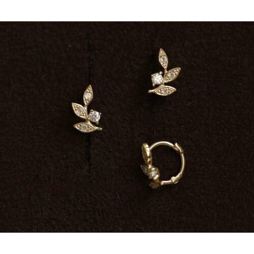 Goldtutu Custom Leaf Earring Pure 9k Gold Small Zirconium Drill Student Branch Earring Small Earring Female