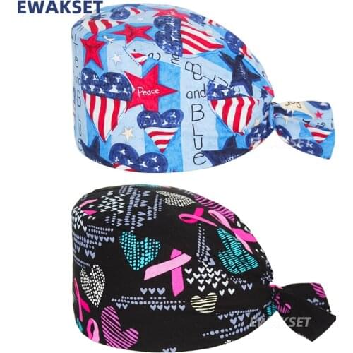 Anime Printing Scrubs Hat Pure Cotton Tie Back Nursing Cap Unisex Health Center Dental Clinic Pet Shop Nurse Surgicals Hats